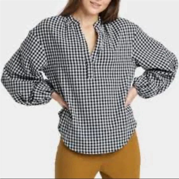 A New Day Gingham Puff Sleeve V Neck Blouse L - Picture 3 of 9